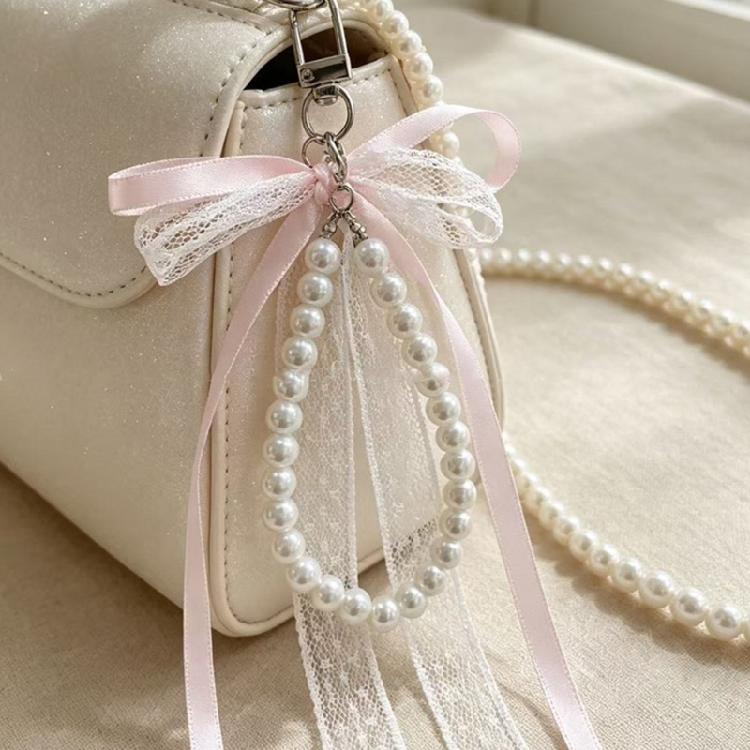 Decorative Zipper Pull Keychain Charm with Ribbon Accent, Lace Ribbon Tails, Beaded Drop and Clasp for Daily Bags
