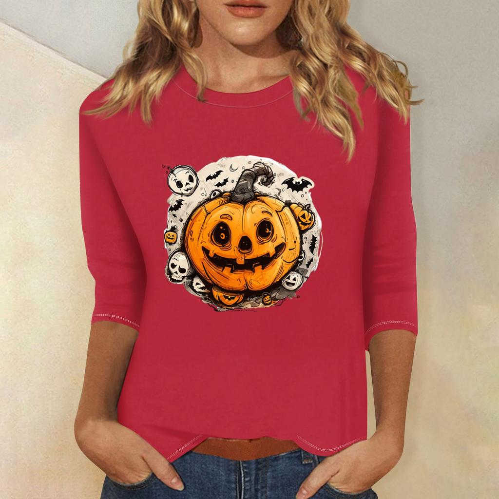 Women's Fashion Casual Three-quarter Sleeve Halloween Printed Round Neck Top