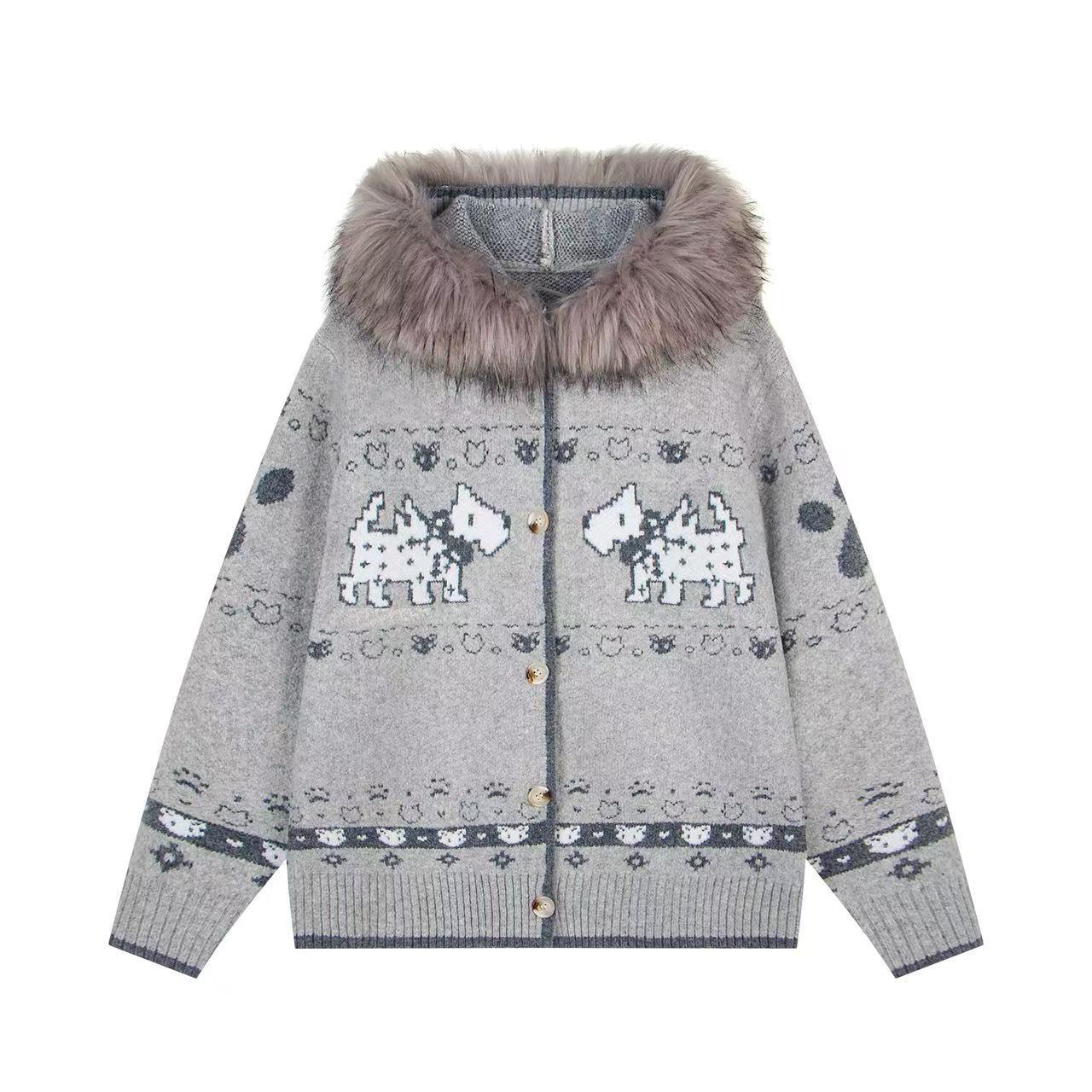 Men s Detachable Fur Collar Hooded Jacket - Autumn Winter Sweater with Dog Jacquard Design 2XL