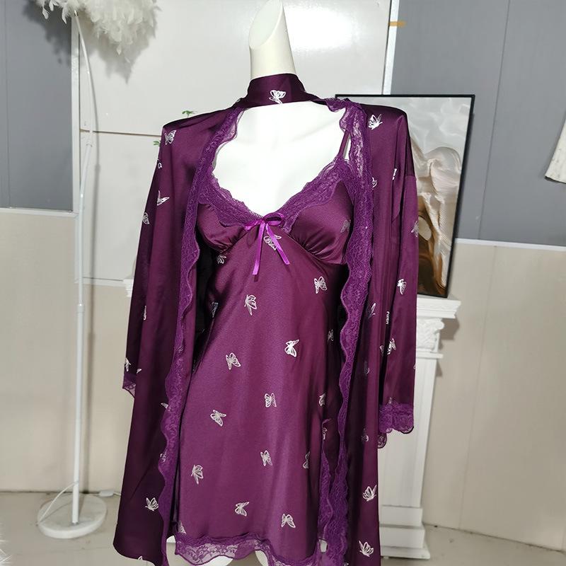 Schmetterlingsmuster Tiefer V-Ausschnitt Gepolsterter Schlafanzug-Set: Sexy und schlankmachendes Nachthemd aus Eis seide mit Feen-Camisole.