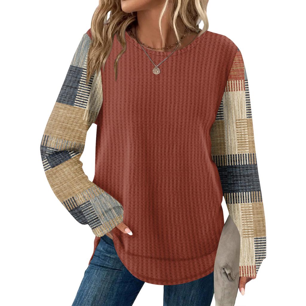 Damrutig tryck rund hals långärmad ledig lös topp