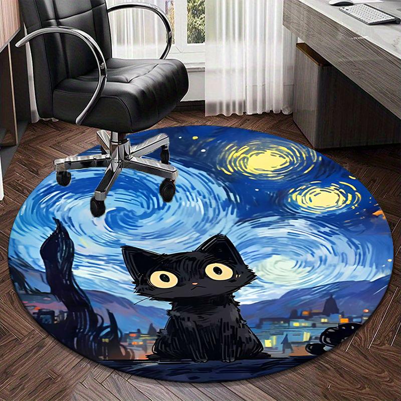 Starry Night Cat Round Carpet Chair Cushion Round Entryway Rug, Soft Round Rugs for Living Room, Bedroom, Circle Carpet Decor Gifts