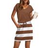 Women's Summer V-Neck Casual Short Sleeve Drawstring With Pocket Striped Patchwork Dresses