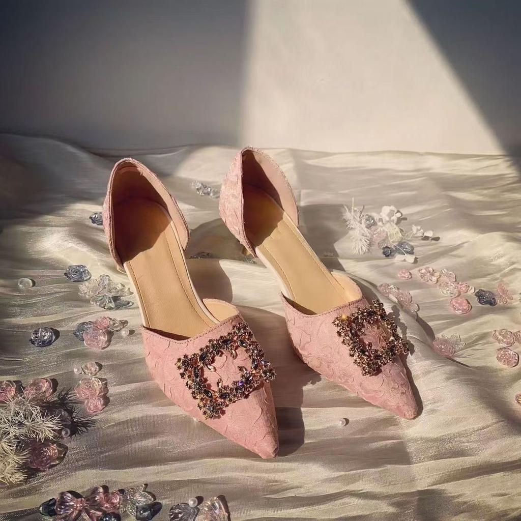 Fashion temperament celebrity women's high heels spring and summer new small fragrant style square buckle pointed single shoes high heels women