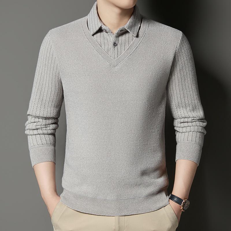 Men's Winter Plus Velvet Faux Two-Piece Knit Polo Sweater