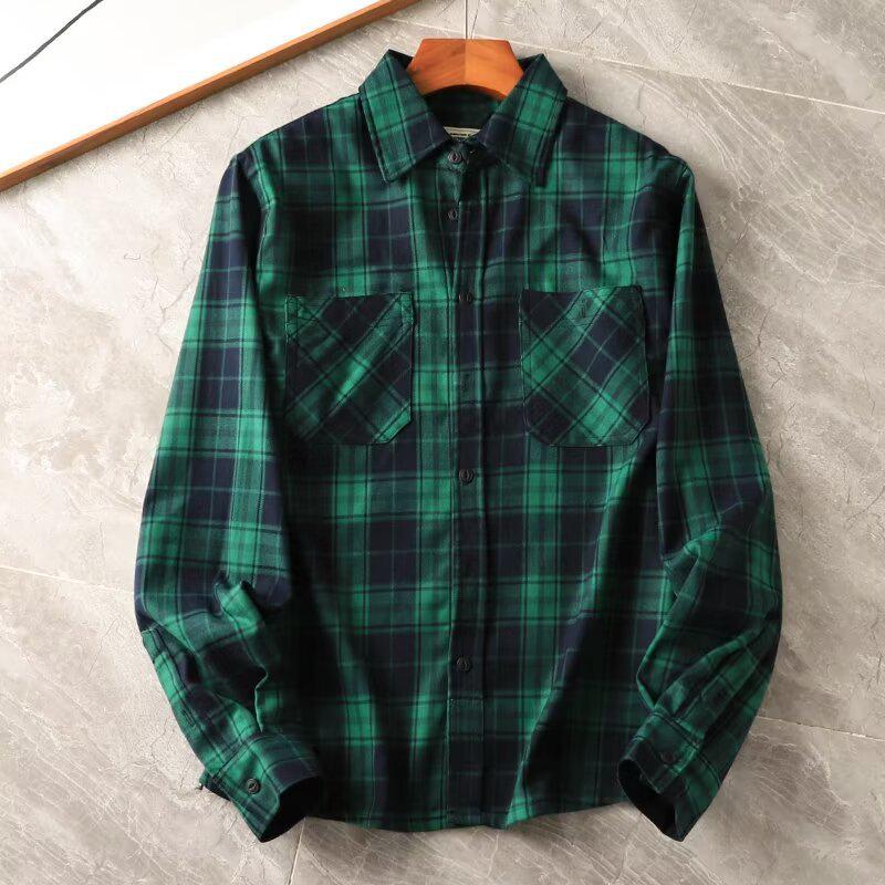 

Чоловіча важка хакі картата ретро робоча сорочка, 300 г, потовщена з подвійними кишенями, довгими рукавами, модна та стильна. XL зелений