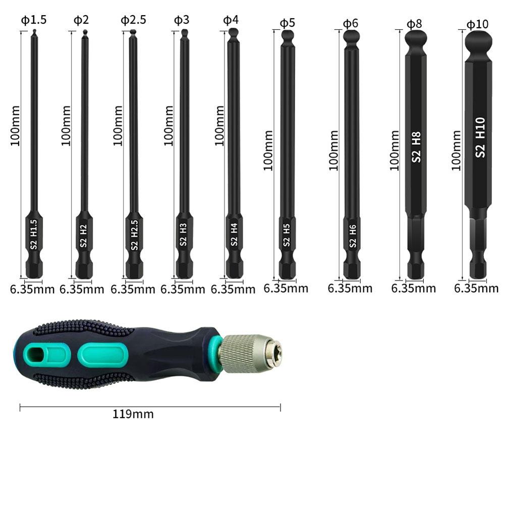 Kugelkopf-Sechskant-Schraubendreher-Bits Set 100mm Kugelkopf-Bit 1/4 Zoll Sechskantschaft Magnetischer Schraubendreher-Bit Handwerkzeuge