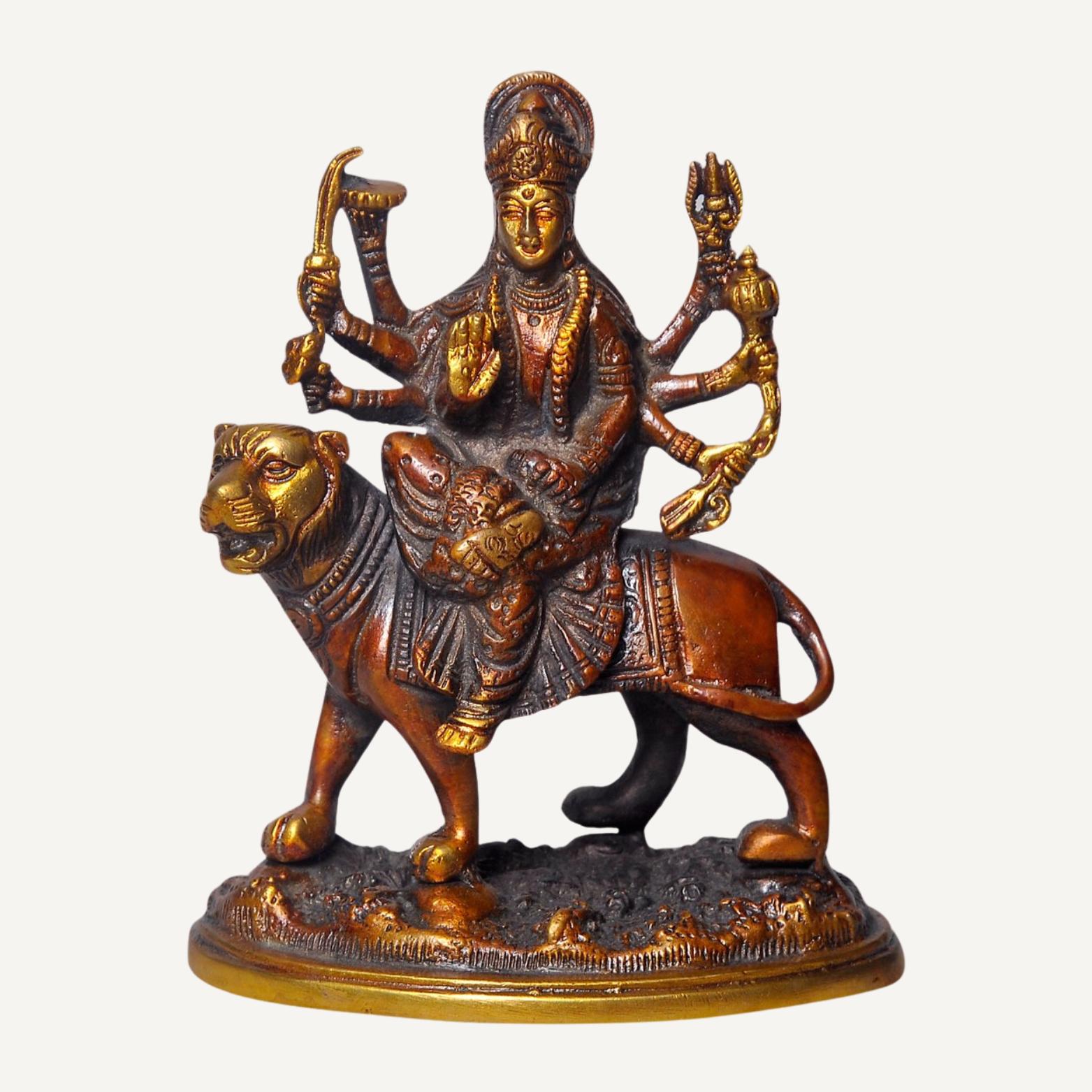 Handcrafted Sherawali Mata Idol, Goddess Durga Statue, Ambe Rani, Brass - 5.25