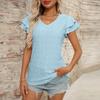Women's Fashion Solid Color V Neck Short Sleeved Pullover  T-shirt Top