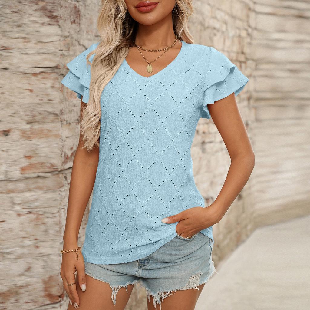 Women's Fashion Solid Color V Neck Short Sleeved Pullover  T-shirt Top