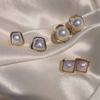 Korean Temperament Gold Color Edging Geometric Imitation Pearl Stud Earrings for Women Retro Luxury Piercing Zircon Accessories