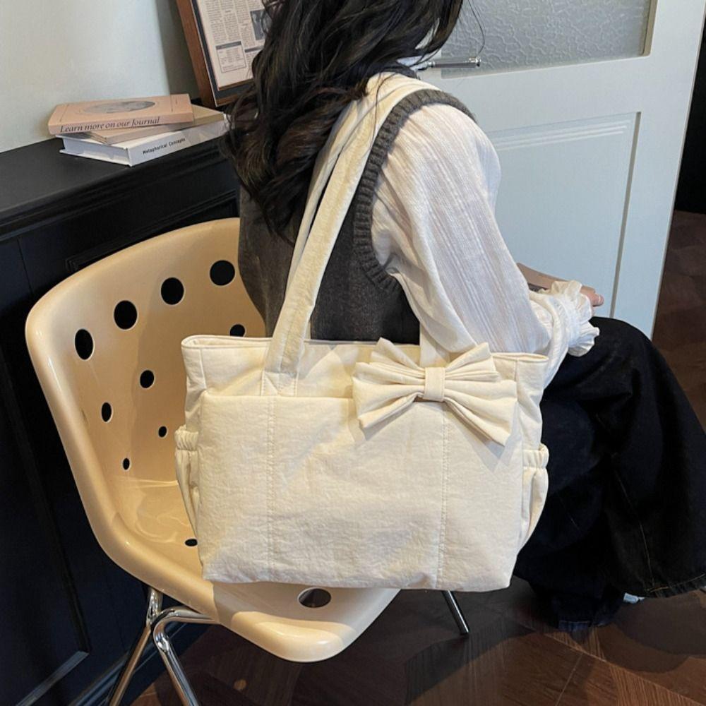 Large Capacity Bow Tote Bag Korean Style Nylon Handbag Cotton Padded Shoulder Bag Office Worker