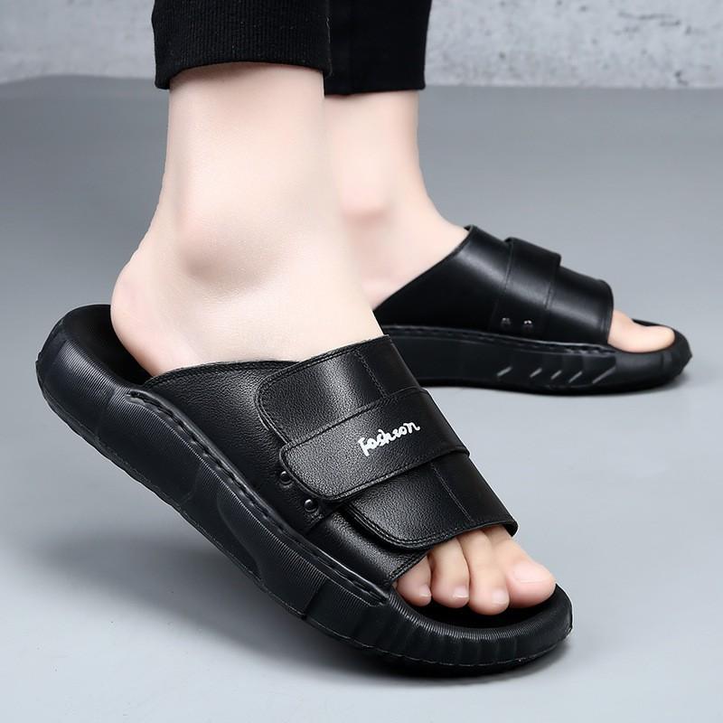 Herren Genuine Leather Slide Sandalen Outdoor Slip-On Flache Schuhe Mit Rutschfester Sohle