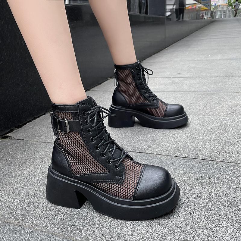 Summer New Women's Ankle Boots Breathable Mesh Lace-up Chunky Platform Style Belt Buckle Back Zipper Sandals for Ladies