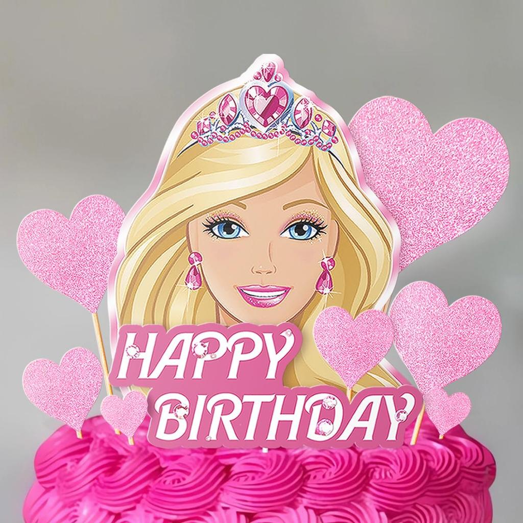 Girl Cake Topper Set, Glitter Happy Birthday Toppers Heart Party Supplies Favor Decorations Pink