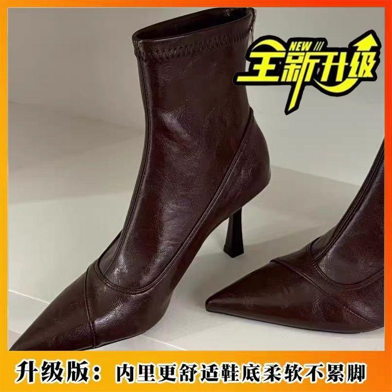 Hepburn style one-pedal thin pointed women's boots short high heels fashion boots rear zipper thin short boots