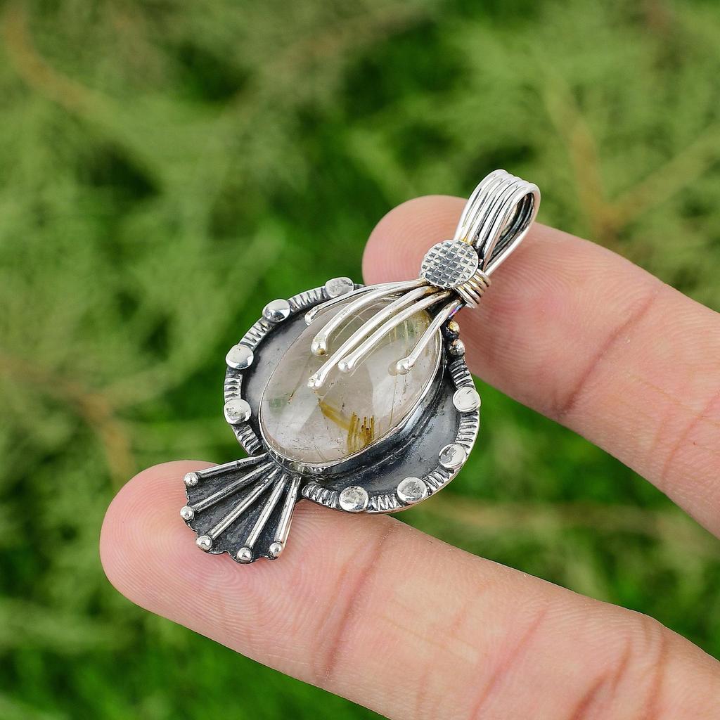 Golden Rutile Gemstone Pendant 925 Sterling Silver Pendant Latest Design Jewelry Handmade Pendant Gifts For Wife