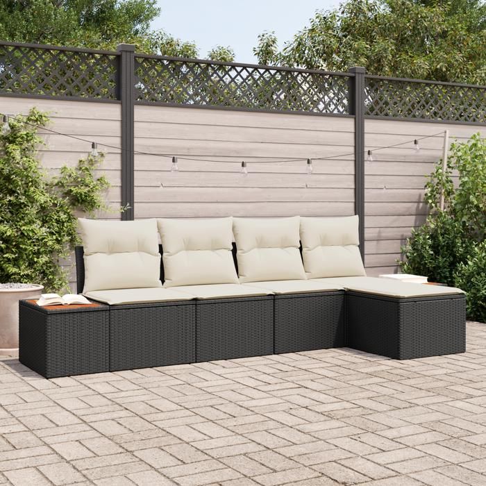 VidaXL Ensemble de Canapés de Jardin 5 Pièces avec Coussins Noir Poly Rattan Acacia 3348063