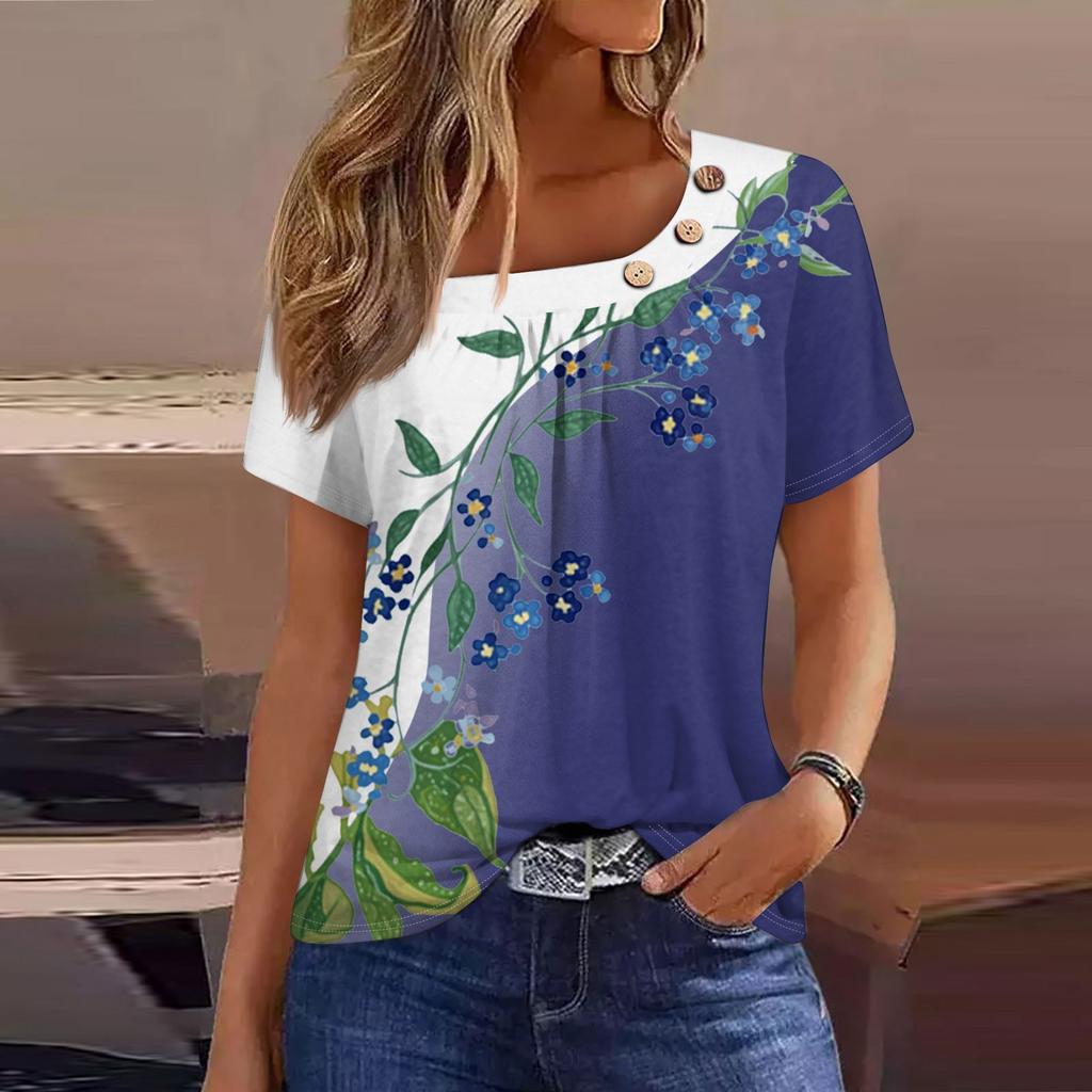 Women's Casual Floral Print Button Round Neck Short Sleeved T-shirt Top
