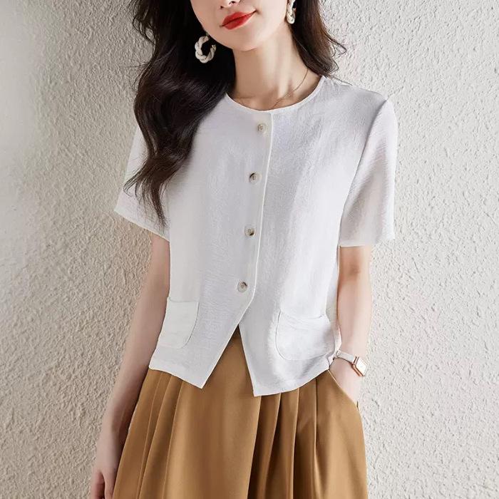 

Рубашка с рукавом три четверти Женская Летняя Короткий Кардиган Рубашка Карман Темперамент Куртка Топ с коротким рукавом Облегающий S белый