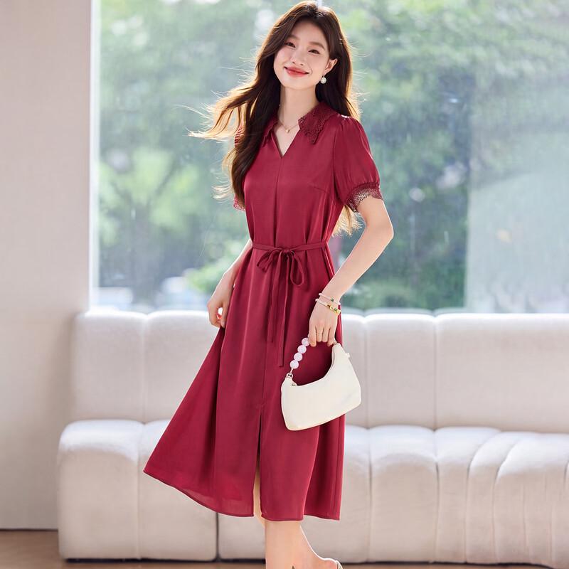 Sanpowa Elegant V-Neck Tie-Waist Midi Dress
