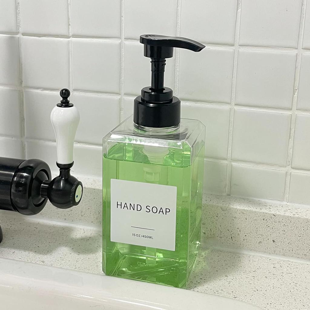 Clear Soap Dispenser with Waterproof Labels, Thickened Plastic Hand Soap Dispenser for Bathroom, Kitchen Dish Washing Liquid Bottles, Shampoo and