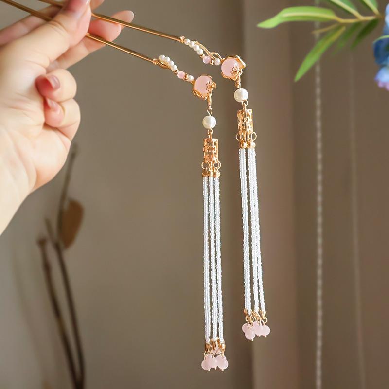 Ming-Style Auspicious Cloud Hairpin with Faux Jade Tassel and Pearls - Hanfu Hair Accessory