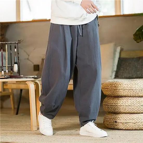 Pánské kalhoty Tai Chi v čínském stylu - Široké nohavice, Bavlněné/Lněné kalhoty pro bojová umění pro podzimní/zimní trénink