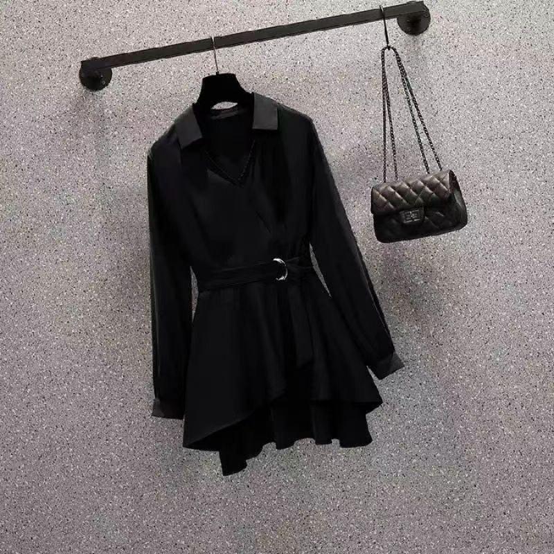 Blouses Dresses Lapel V Neck Long Sleeves Irregular Hem Waist Tight Adjustable Belt Pullover Tops Women's Clothing