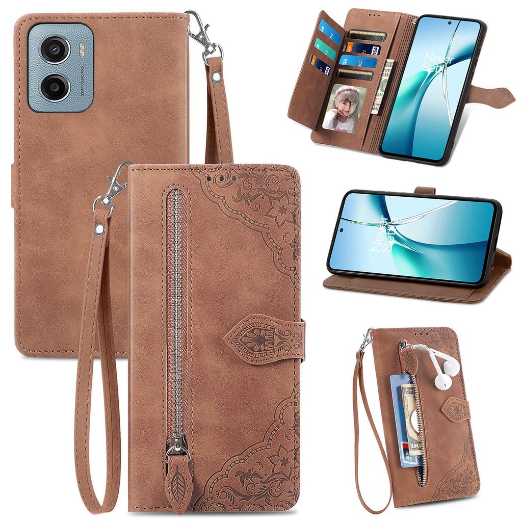 For Motorola Moto G05 4G Zipper Wallet Case with Strap Flower Imprint PU Leather Phone Cover