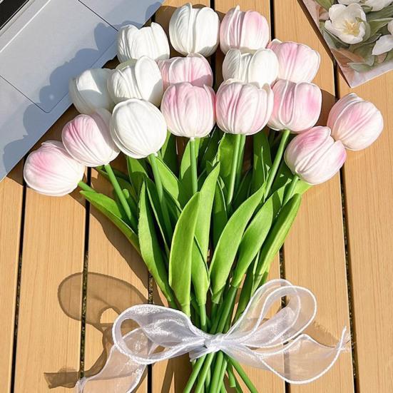 Real Touch Artificial Tulip Flower 13.7" PU Faux Tulips Lifelike Fake Tulip with Long Stem for Wedding Home Table Centerpiece Spring Garden Decor