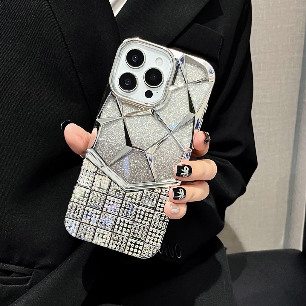 For iPhone 16 Pro Max Case with Glitter Paper Plate Geometric Diamond Pattern Rhinestone Electroplating TPU Phone Cover