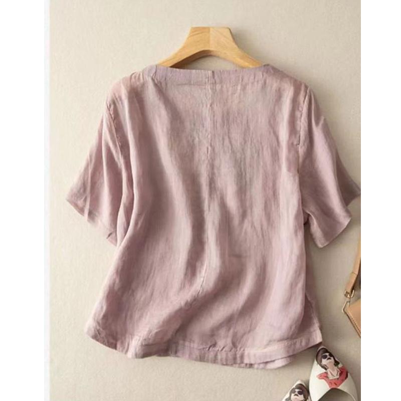 Women's Summer Vintage Embroidery Short Sleeve Cotton Linen T-shirts High Quality Simple Casual Solid O Neck Loose Ladies Tops