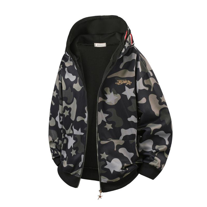 High Street Double Hat Camouflage Shark Zipper Sweater Men's and Women's Niche Design Sense Bf Wind Towel Embroidered Long-sleeved Hoodie