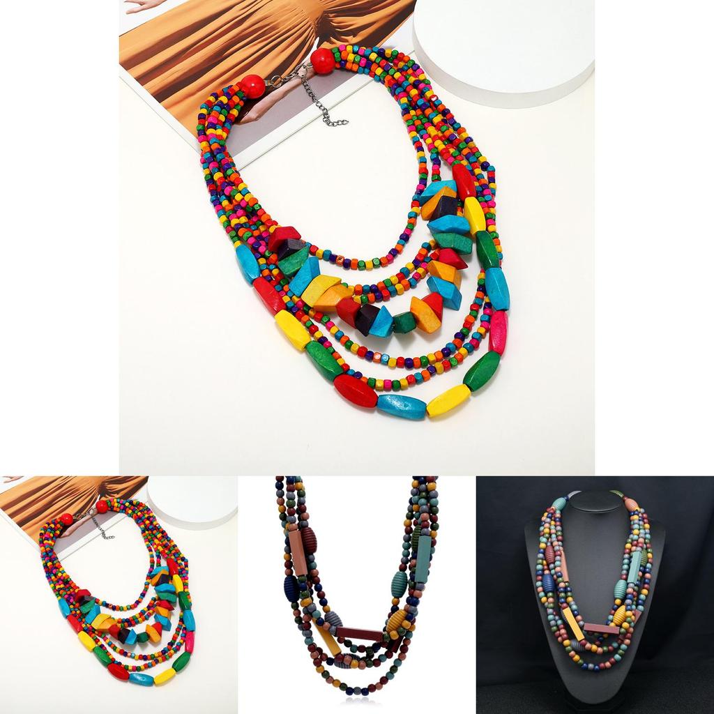 Multilayer Geometric Wooden Necklace For Women Ethnic Boho Festival Jewelry