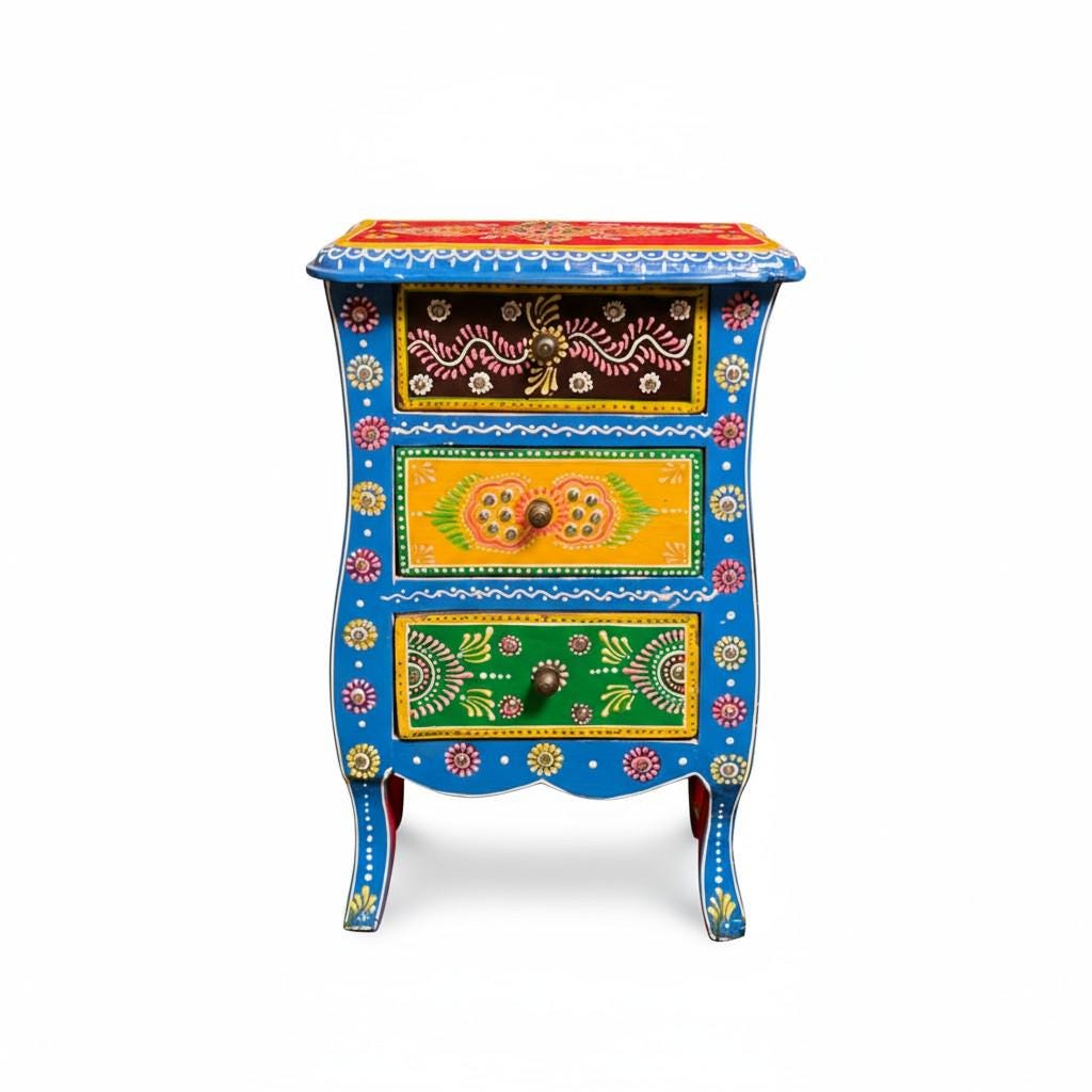 Handicraft Bedside Table, Painted Wooden Storage Sideboard, Bedroom Decors Lamp-Table, Home Living Drawer-Cupboard-Desk Dressers Home Decor