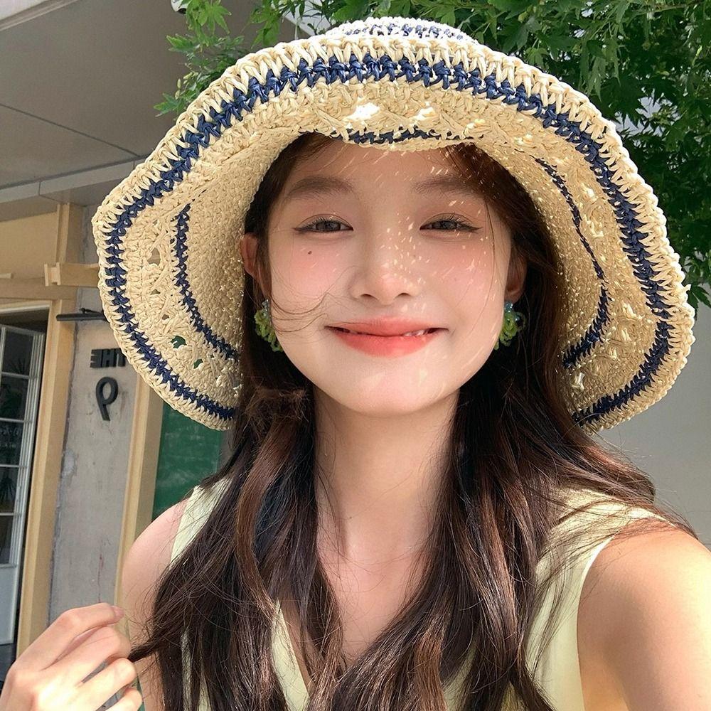 Summer Straw Bucket Cap Handmade Fisherman Caps Korean Weave Crochet Hat Outdoor
