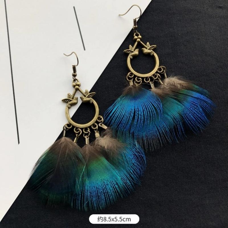 Retro Peacock Feather Fringed Earrings Women's Bohemian Fashion Elegant Temperament Versatile Long Earrings