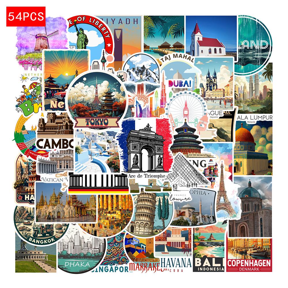

54 Waterproof World-Famous Building Stickers for Decorating Luggage, Cars, Phone Cases, and Diaries