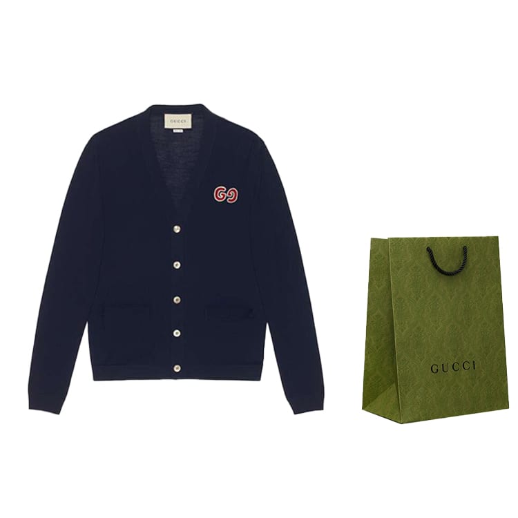 GUCCI GUCCI GG Embroidered Wool Cardigan Knitted Top Navy 576815-XKAOW-4440