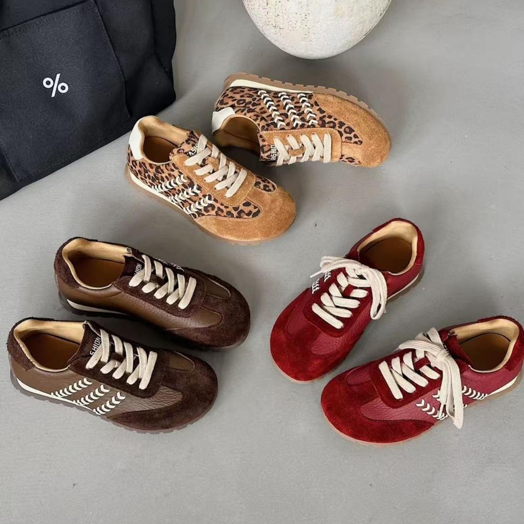 Leather Leopard Print German Training Shoes Women's 2025 Autumn and Winter New Thick-soled Velvet Retro Versatile Casual Sports Forrest Gump Shoes