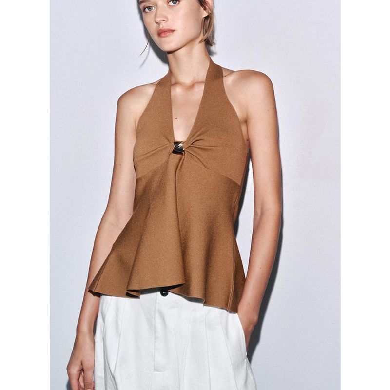 Summer New Women clothes Gold Inlaid A- line Short Skirt Hem Neck Collar Knitted Top 9598012
