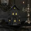 Gothic Home Decor Accessories Lighted Halloween Village House Statue with LED Light, Black Spooky Figurine for Tabletop Holiday Inspired Interior