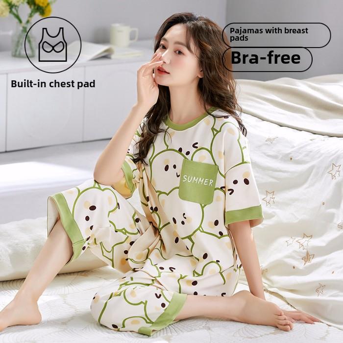 2025 Sommer Damen Pyjama Set mit Brustpolster Weich locker Kurzarm Oberteile und Caprihosen Zweiteilige Nachtwäsche Lingerie Homewear
