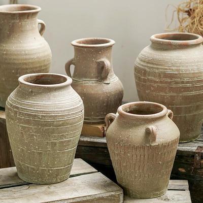 Vintage Terracotta Double-Eared Ceramic Vase: Handmade Distressed Pottery Flower Container for Living Room Decor