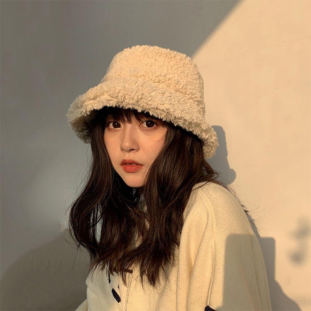 Winter Lamb Plush Sun Protection Pure Color Caps Lambwool Bucket Hat Korean Style Caps Female Hats
