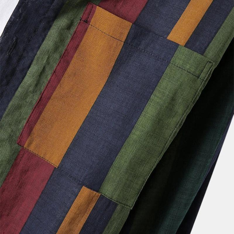 Cotton Flax Deep Long-sleeved Color Contrast Striped Blouse Shirt