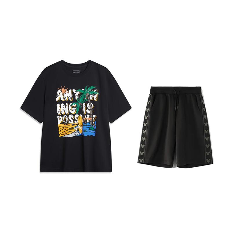 

Li-Ning Printed Letter Pullover Round Neck Short Sleeve Casual Sports Suit Unisex suit AHSU707-1+YKSV129-2 S