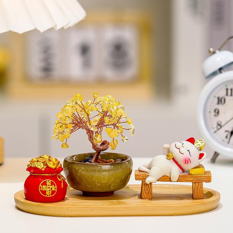 Laywin Fortune-Bringing Cat Home Decoration Item - Natural Yellow Crystal Tree - Tree of Wealth - Cat Desktop Decorative Item