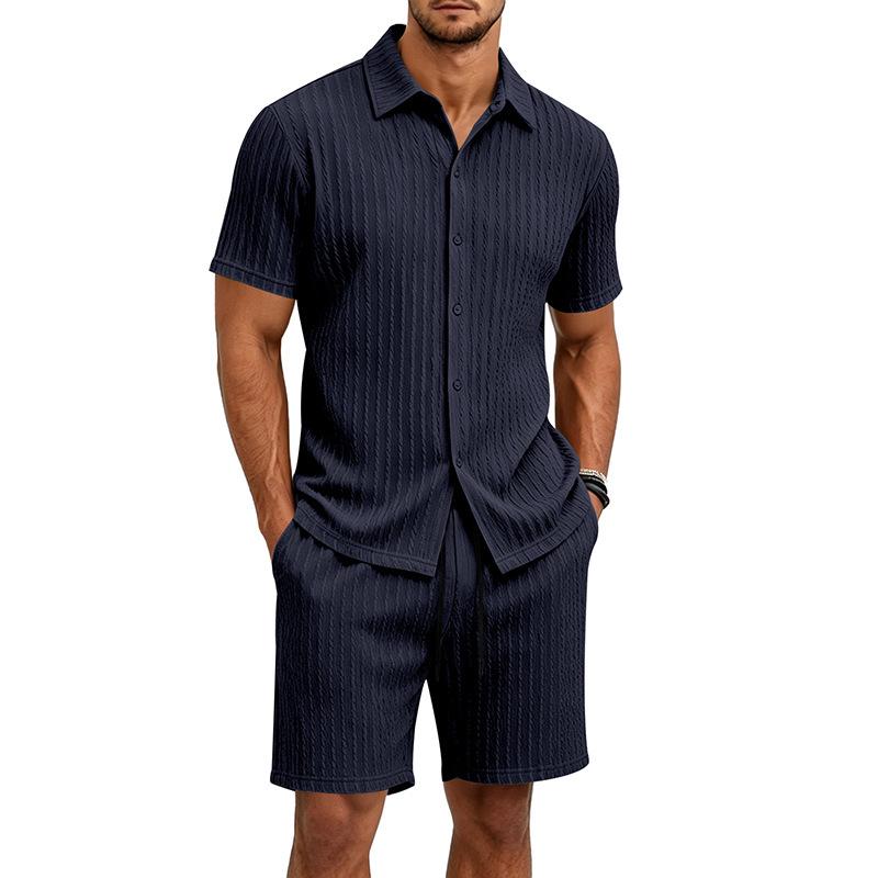 European Summer Men's Jacquard Casual Lapel Short Sleeve Shirt and Shorts Set